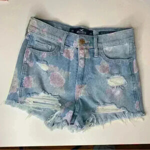 Hollister Blue Distressed Denim Shorts Stretch High- Rise